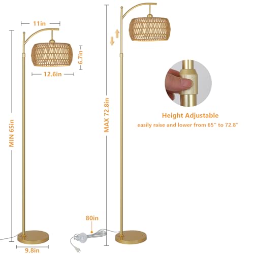 Image of eyassi Arc Floor Lamp with 3 Color Temperatures, LED Gold Floor Lamp with Remote & Stepless Dimmable Bulb, Boho Standing Lamp with Rattan & Fabric Shades, Farmhouse Tall Lamp for Living Room Bedroom