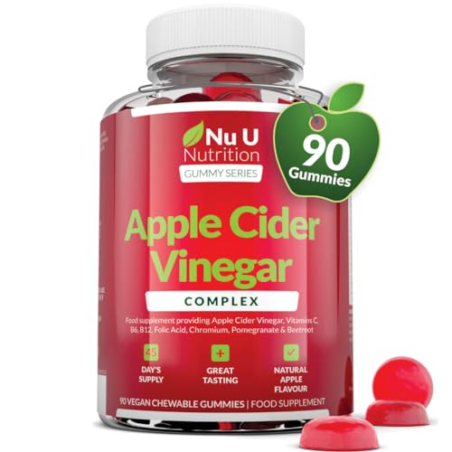 Apple Cider Vinegar Gummies with Mother 1000mg - 90 Count - Vegan Complex with Vitamin C, B12, B6, Folic Acid, Pomegrante & Beetroot - High Strength ACV Gummies