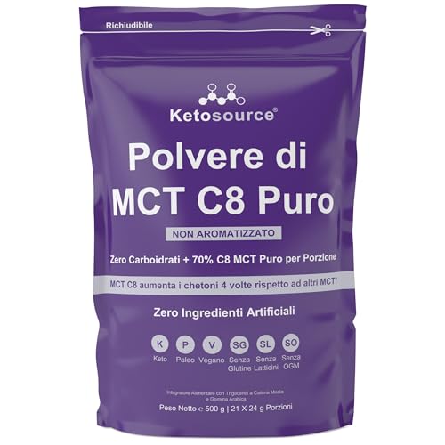 Polvere di MCT C8 Puro | 4X Aumento dei Chetoni Rispetto ad Altri MCT | Zero Carboidrati | Supporta la Dieta Keto e il Digiuno | Zero Ingredienti Artificiali | Non Aromatizzato | 500g | Ketosource®