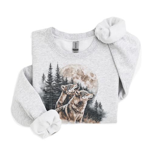 Vintage Wolf Wilderness Scene Sweatshirt - 90s Vintage Wolves Howling At Moon Sweatshirt - Scenic Winter Evergreen Pine Tree Forest Nature Sweater - Unisex Graphic Crewneck Sweatshirt3