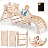 OneBlis 8 in 1 Pikler Triangle Set for Toddler, Foldable Wooden Montessori Climbing Toys with Sliding, Seesaw & Climbing Arch, Indoor Outdoor Playground Jungle Gym for Baby, Kids (Wood)