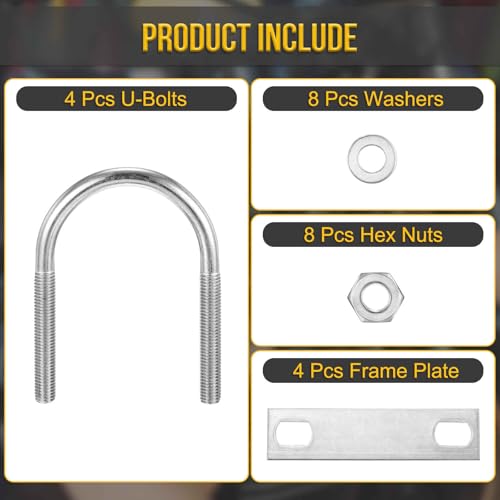 Image of DTGN M10x63x97mm U Bolts Round Kit - 4Set - 304 Stainless Steel U-Bolt Kit with Nuts, Washers, Frame Plate - Good for Pipe, Trailer, Automotive, Leaf Spring Fastener