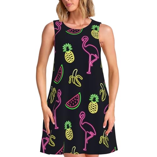 Robe t-shirt imprimé flamant rose et banane | Robe d'été trapèze décontractée