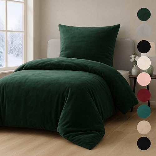 MALIKA Winter Plüsch Bettwäsche Nicky-Teddy Cashmere Coral Fleece 135x200 155x220 200, Größe:135 x 200 cm, Designe:DUNKELGRÜN
