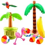 Feradny 9 Pack Inflatable Palm Tree Blow Up Palm Tree Cooler Inflatable Flamingo Parrot Banana Beach Ball Pool Toys for Hawaiian Tropical Themed Luau Party Decorations