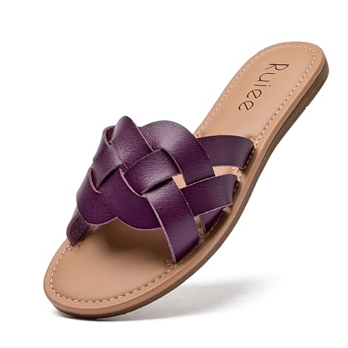 Ruiee Wide Width Sandals for Women, Summer Flat Slides Casual Braided Wide Feet Sandal Comfort Slip on Sandals Open Toe Beach Shoes for Women.