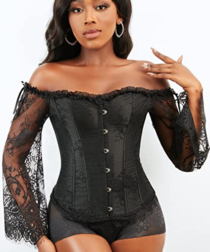SZIVYSHI Women's Overbust Lace up Back Corset with Shoulder Sleeve and Long Skirt , Black -S(Waist:62cm) steampunk buy now online SZIVYSHI Women's Overbust Lace up Back Corset with Shoulder Sleeve and Long Skirt , Black -S(Waist:62cm) steampunk buy now online