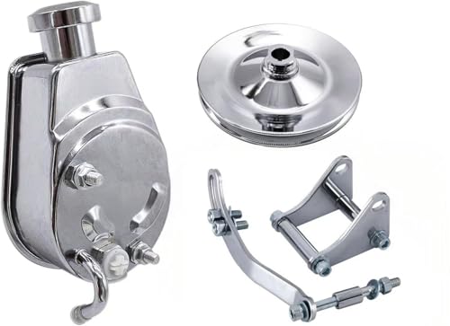 Chrome Power Steering Pump with pulley and Bracket Kit Compatible with Small Block Chevy Long Water Pump SBC 265 283 305 327 350 383 400 Engines Replace Keyway style 5-8
