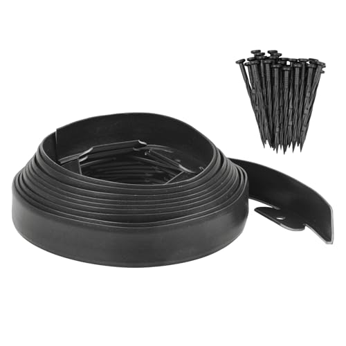 M METERXITY Borde de Jardín - 20 Pies de Borde de Jardinería de Plástico con 18 PCS de Púas Aplicable a Parterres/Césped/Patio (20FT x 1.57IN, Negro)
