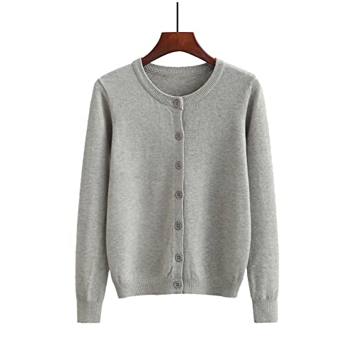 MIYAA Damen Knopf Strickpullover Strickjacken Rundhals Langarm Strickwaren Offene Vorderseite Dünner Fester Pullover Lose Lässige Oberbekleidung Top,Grau,M Cover