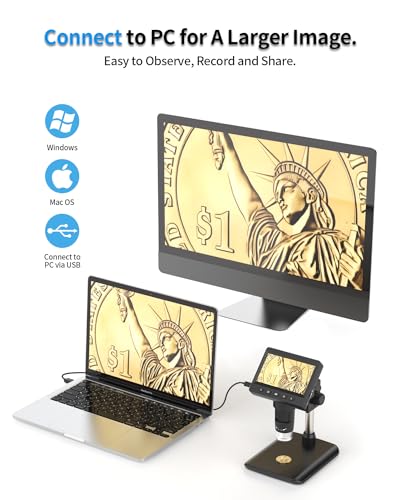 Mikroskop, LCD Digital Mikroskop 1000X 4,3-Zoll 1080P USB Mikroskop mit 8 einstellbaren LED Licht, PC-Ansicht, kompatibel mit MacOS Windows(Schwarz)