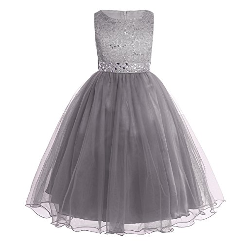 Dpois Big Girls Sequined Floral Lace Princess Dress Wedding Juniors Bridesmaid Pageant Ball Gown With Rhinestones Sash Gray 10 #TOP11