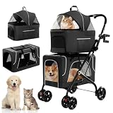 Picture of Double Dog Stroller with Cup Holder, Foldable 3-in-1 Cat Strollers with 2 Detachable Carriers, Safety Belt, Washable Cover, Removable Pads, 4 Wheels Travel Pet Stroller for Small Medium Dogs (Black)