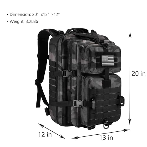 Image of Hannibal Tactical MOLLE Assault Pack, Tactical Backpack Military Army Camping Rucksack, 3-Day Pack Trip w /USA Flag Patch, D-Rings, Black Camo