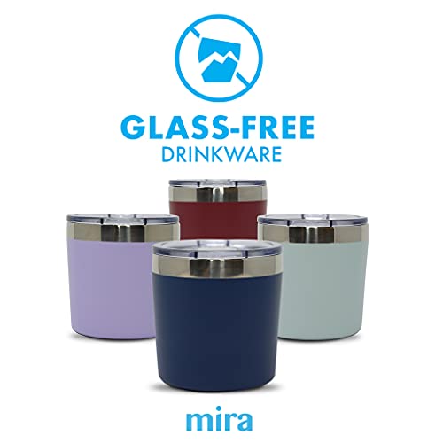 Mira 9Oz Insulated Lowball Rocks Tumbler- Stainless Steel - Whiskey, Martini, Cocktail, Wine Glass Free Cup With Clear Lid, Admiral Blue #TOP3