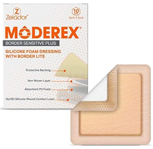 Pansements en mousse Silicone Lite (Moderex Border Sensitive Plus) avec bordure pour plaies à exsudation légère à modérée pour peaux sensibles (5 x 5 cm x 10)
