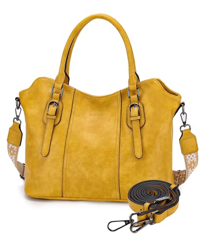 VASCHY Sac à Main Femme en Cuir PU Multi-poches Grande Pratique avec Bandoulière de Guitare pour Travail Voyage Cadeau Jaune