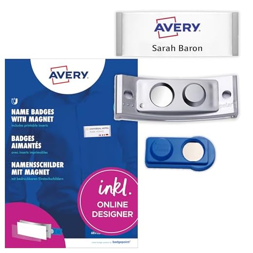 AVERY Zweckform polar30 Namensschilder 20 Stück (70x30mm, 20 Schilder mit Magnet, verdrehsicher, mit blanko Einsteckschildern zum Bedrucken, magnetische Namensschilder für Kleidung) edelstahl matt