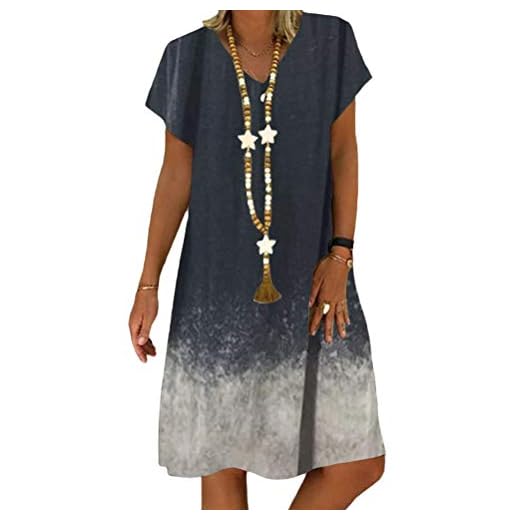 Minetom Sommerkleid Damen V-Ausschnitt Strandkleider Einfarbig A-Linie Kleid Lässig Farbblock Lose Knielang Kleid Kurzarm T-Shirt Kleid E Schwarz S