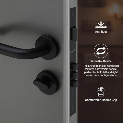 Image of LAPO Mortise Door Lock for Home Main Door & Bedroom with Handle - Left-Right Fit 30-50mm Door Home Office Hotel - Heavy-Duty 70mm Cylinder - 50x85mm Body - 3 Brass Keys |Black Finish | CMH-6T