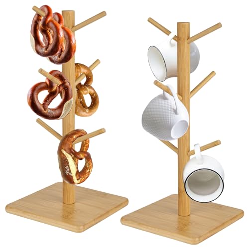 bssmmai 2 Stück Brezelständer Holz, Tassenständer, Brezenständer, Wurstständer, Brezelhalter mit 6 Armig, Brezelbaum für Restaurant, Café, Bar, Küchendekoration (Quadratisch)