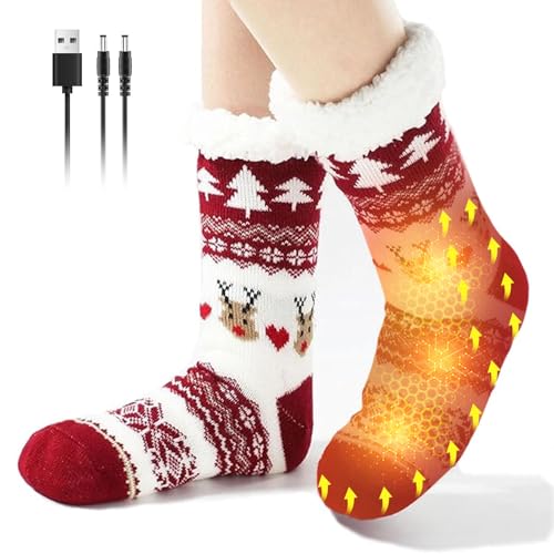 Tatqilo USB Heated Socks for Women Men, Thick Plush Christmas Socks, Slipper Socks with Non Slip, Winter Electric Heating Socks Foot Warmer for Indoor, Home, Office, (Red)