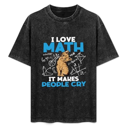 YANGDUJUN Cat I Love Math It Makes People Cry Mens T-Shirt Casual Cotton Unisex Black Tees Tops L