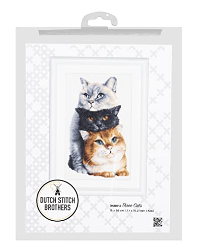 Dutch Stitch Brothers - Counted Cross Stitch Kit - Dsb012A - Three Cats - White Aida - 10,2 X 7,1 Inch - Embroidery Kit For Adults #TOP3