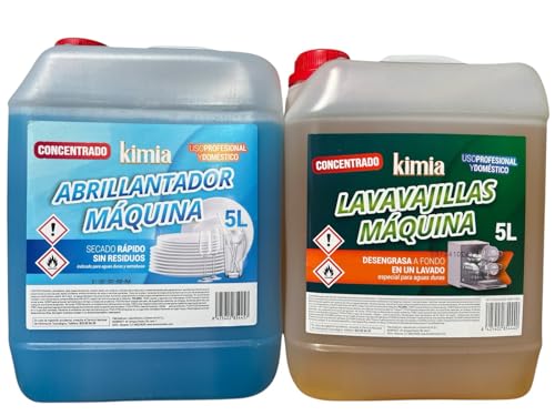 KIMIA | Pack Detergente en gel Concentrado + Abrillantador para maquinas Lavavajillas | Quitagrasa | Elimina la Suciedad incrustada | Brillo Óptimo | 5L (DETERGENTE + ABRILLANTADOR)