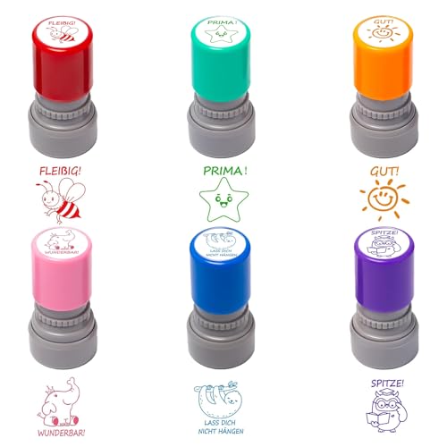 Selbstfärbende Lehrer Stempel,6 Stück Lob Ermutigung Kinder Stempel,Lehrer Bewertung Belohnung Motivation Briefmarken,Niedliches Cartoon Kinder Siegel,Lob Siegel Ermutigung,Belohnungsstempel Set