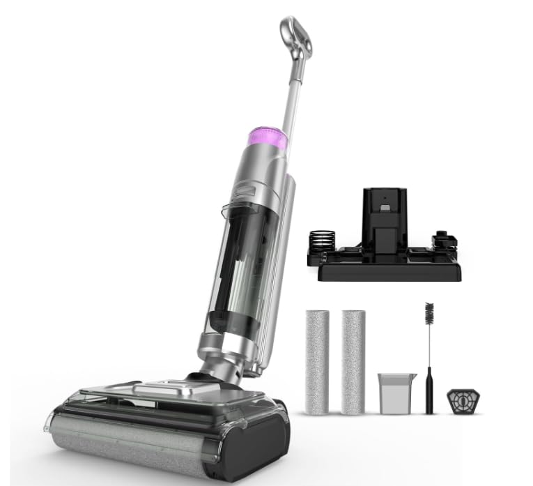 Aspiradora limpiasuelos inalámbrica, 45 min de autonomía, 17,5 kPa de potente aspiración, mopa inalámbrica inteligente con autolimpieza y autosecado para suelos y azulejos y madera