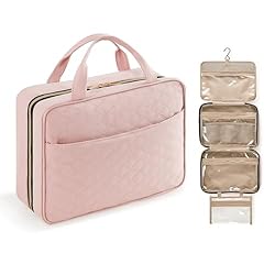Lifewit Travel Toiletry Bag, Large Hanging Makeup Bag Organizer for Women, Transparent Travel Cosmetic Bag with Hanging Hook for Full Size Bottles, Vacation Essentials, Medium, Pink