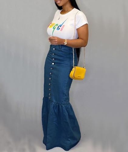 SEMATOMALA Women's Button Down Denim Ruffle Maxi Dress Packaged Hip Mermaid Elegant Long Fishtail Jeans Blue Skirt3