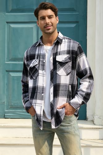 Image of Cromoncent Mens Boys Thick Flannel Shirt Long Sleeve Shirt Jacket Casual Button Down Multi Pockets Shacket