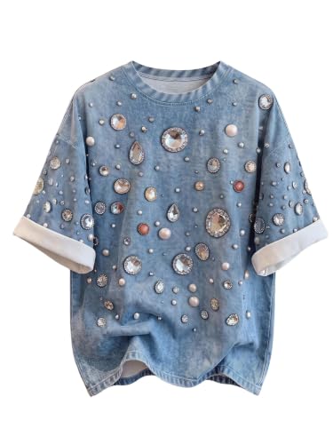 SOLY HUX Women's Denim Rhinestone Print T Shirt Short Sleeve Crew Neck Tee Vintage Casual Tops Blue Medium