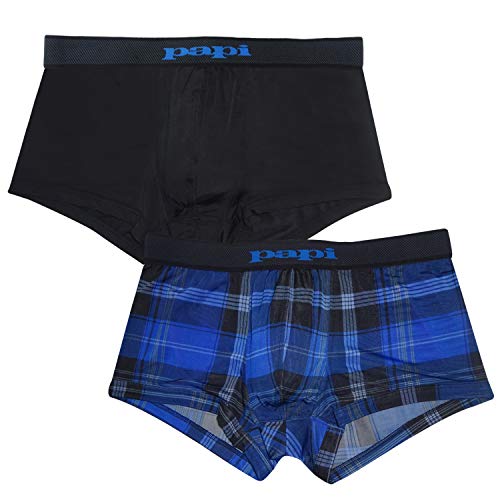 papi Men's Brazilian Cool Trunk Boxer Briefs Pack of 2 Comfort Fitting Underwear, Plaid - Blue/Black, Medium
