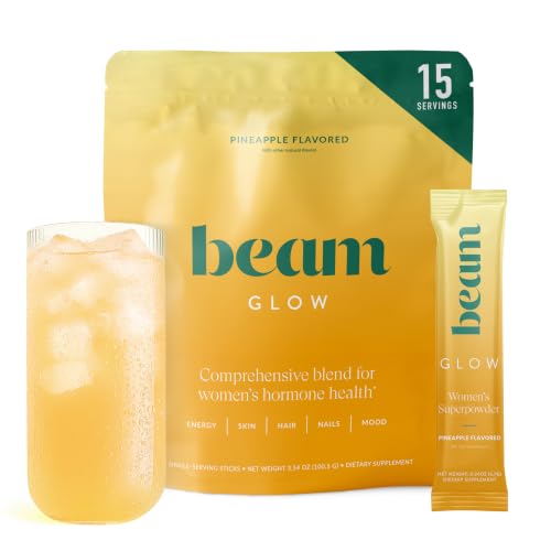 BEAM Glow Hormone Support & Cortisol Supplement for Women - Daily Vitamins for Women with Ashwagandha, Selenium, Zinc, Vitamin A, for Cycle Health, Mood & Energy, Pineapple, 15 Servings