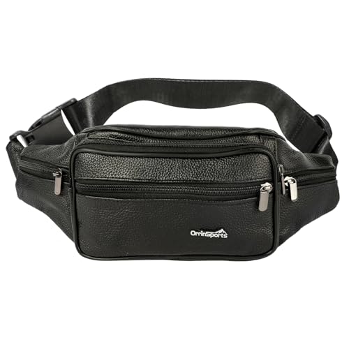 Genuine Leather Fanny Pack For Men and Women Multiple Pockets Waist Bag with Adjustable Strap for Travel Casual Sports Hiking Cycling Fishing Running Black Belt Bag
