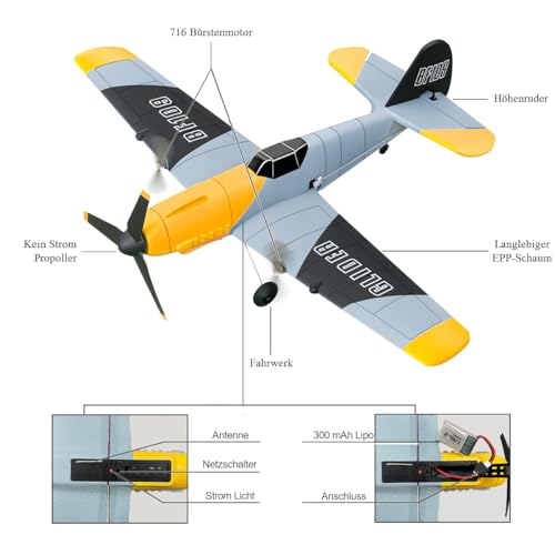 HAWK’S WORK 3-Kanal-RC-Flugzeug BF-109, Ferngesteuertes Flugzeug, flugbereit, 2.4GHz 6-Achsen Gyro Stabilisator, Einfach zu fliegen für Kinder und Anfänger