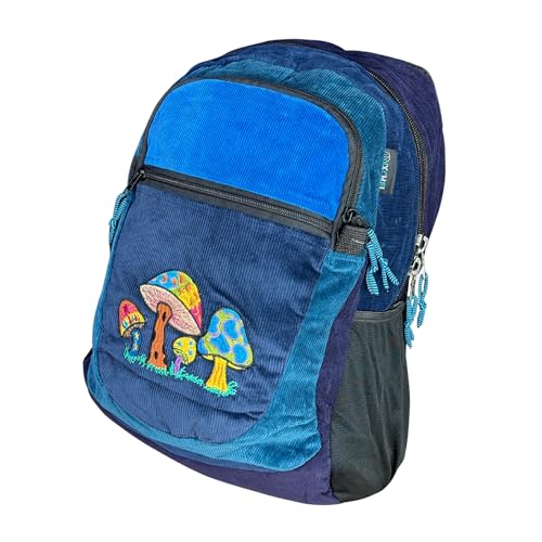 Ixchel Medium Patchwork Corduroy Sport Backpack w Mushroom Embroidery & Hidden Pocket – Handmade Backpack Festival Bag