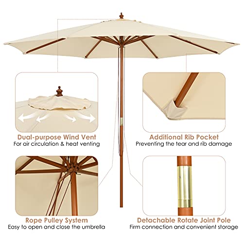 Tangkula 10Ft Patio Umbrella, Outdoor Table Market Umbrella W/8 Wooden Ribs, 3 Adjustable Heights, Rope Pulley System, Detachable Pole, Wooden Patio Umbrella For Garden, Poolside, Backyard (Beige) #TOP5