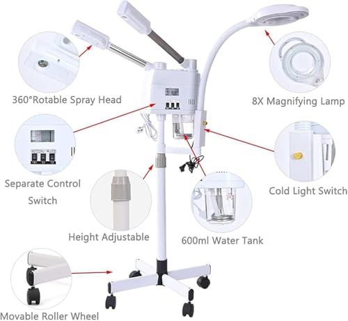 Lampa do gotowania na parze do salonu spa, profesjonalny sprzęt do pielęgnacji skóry 3 w 1, regulowana wysokość, łatwe poruszanie się z 4 rolkami