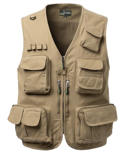 Yukirtiq Homme Gilet de Pêche Multipoches Veste Sans Manches de Travail Journaliste Gilet de Chasse Reporter, Kaki, L