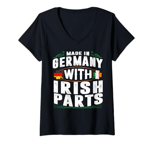 Damen Hergestellt in Deutschland mit irischen Teilen St. Patrick Day Geschenk T-Shirt mit V-Ausschnitt