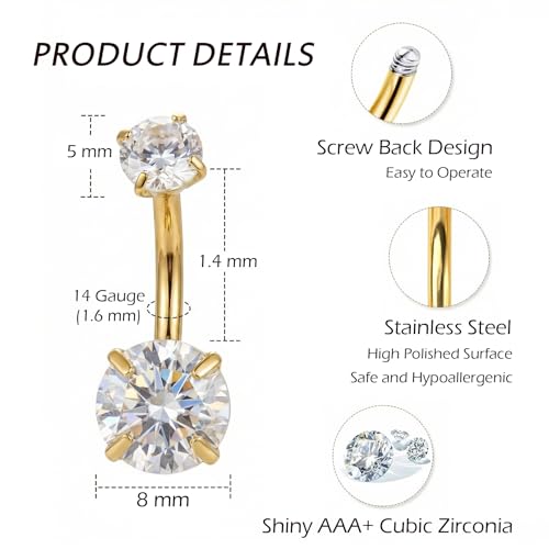 RINHOO FRIENDSHIP 8 Pcs Belly Button Rings Stainless Steel CZ Dangle Navel Piercing Jewelry Set 14G 1.6MM Cute Belly Rings Body Jewelry for Beach Festival Daily (Cherry-s, 8) — view 2