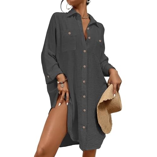 Bsubseach Womens Modern Swimsuit Cover Up Blouse Button Down Shirt Dresses Tops Deep Grey X-Small