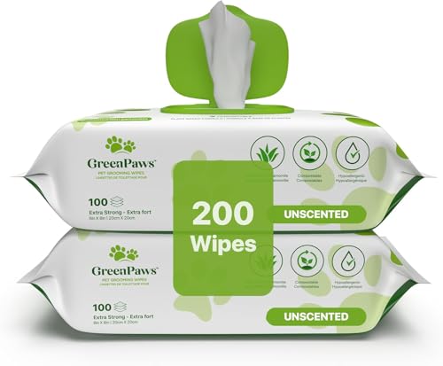 GREENPAWS Premium Unscented Dog Wipes for Paws and Butt 200 Count - Compostable, Plant Based Dogs and Cat Wipes, Strong Grooming Pet Wipes for Dogs and Cats - Use on Body, Bum, Ear & Paws (Pack of 2)