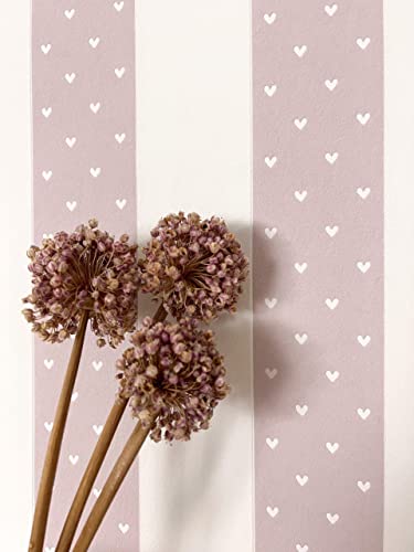 NEWROOM carta da parati Rosato Strisce Tessuto non Tessuto - Bambini Bianchi Linea Cuori Giocoso