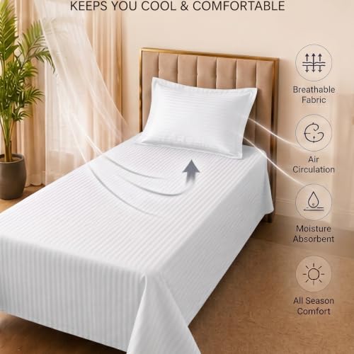 Image of Mafatlal 210 TC Italian Stripe Single Bedsheet Set with Pillow Cover (60 x 90 Inches) | 100% Cotton | Hotel Collection | Soft Breathable Flat Bed Sheet | Maroon N White