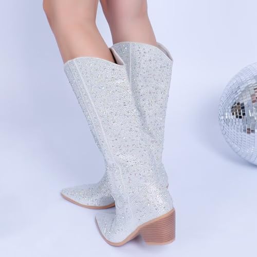 Vimitty Women'S Rhinestones Cowboy Boots Sparkly Cowgirl Boots Pointed Toe Block Heel Western Knee High Boots Glitter Cowboy Boots With Side Zipper thumb #2
